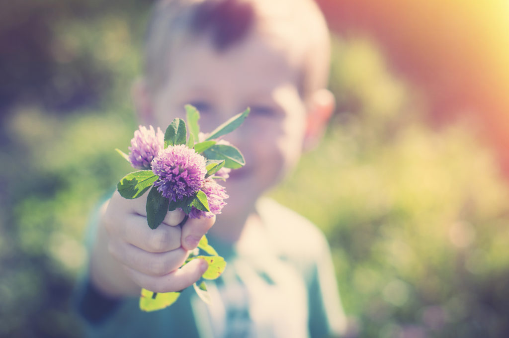 Son gives mom a bunch of purple clover after she successfully filled out her application for adopting a child